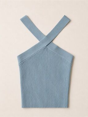 Aritzia Babaton Sculpt Knit Criss Cross Halter Tank Top - Light Dusty Blue